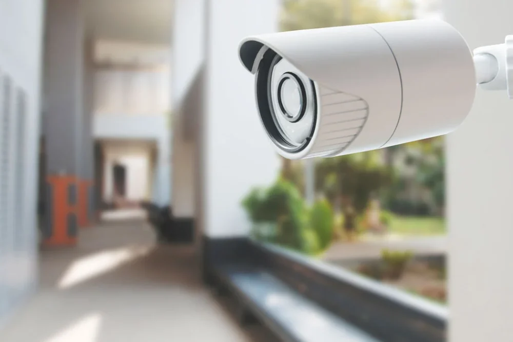 Close up of a home security camera in the outside walkway of a residential home